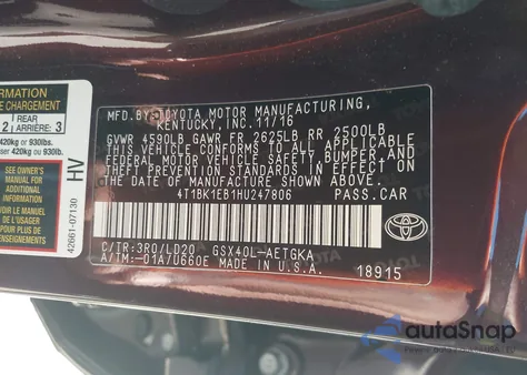 2017 Toyota Avalon Xle из США, поврежденный, VIN 4T1BK1EB1HU247806